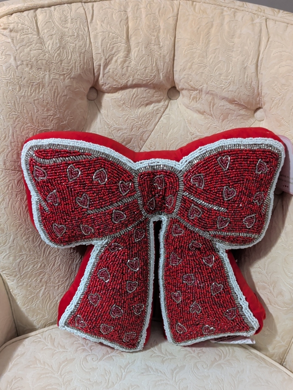 Red Beaded Bow Throw Pillow